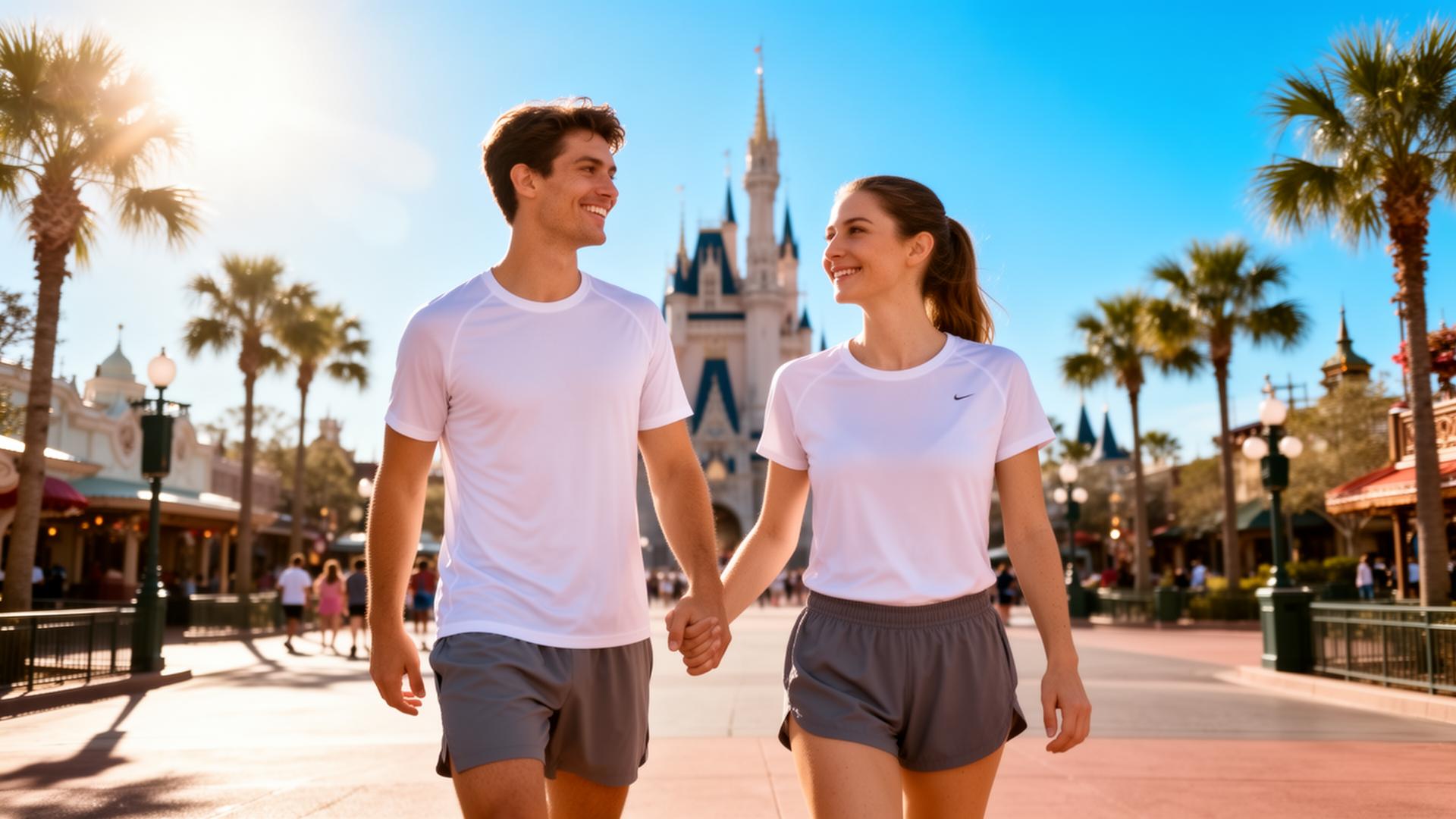 Couple walking through a sunny theme park in cooling activewear